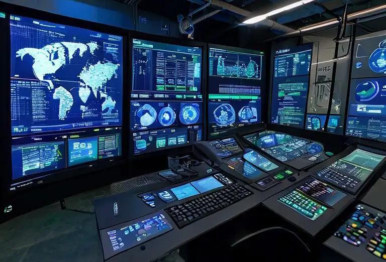 Control room of plastic recycling plant with touchscreen interfaces displaying real-time monitoring data and system metrics