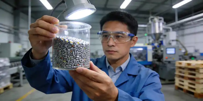Quality control technician inspecting recycled plastic pellets under bright lighting in a manufacturing setting