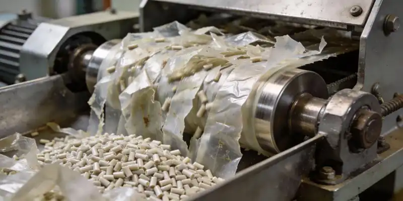 Agricultural plastic film being processed through specialized recycling equipment with water filtration systems