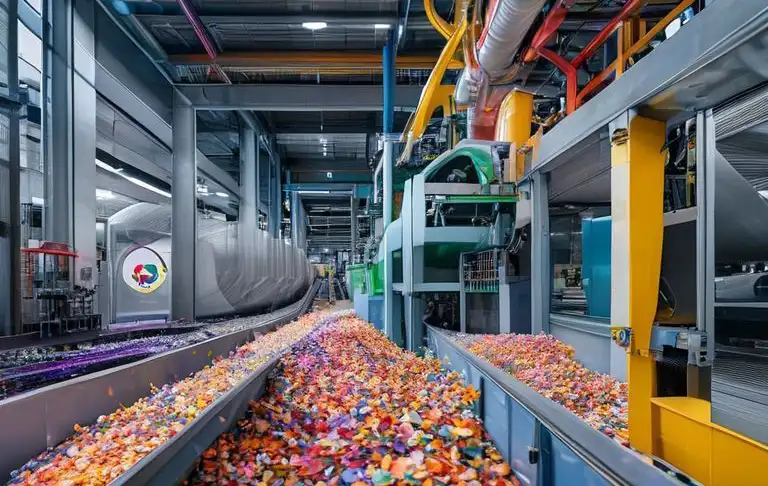 Modern plastic recycling facility showing colorful plastic flakes entering machinery with Rehoboth logo visible in industrial setting