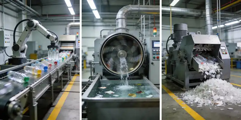 PET bottle recycling line showing bottles moving through sorting, washing and shredding processes in a clean facility