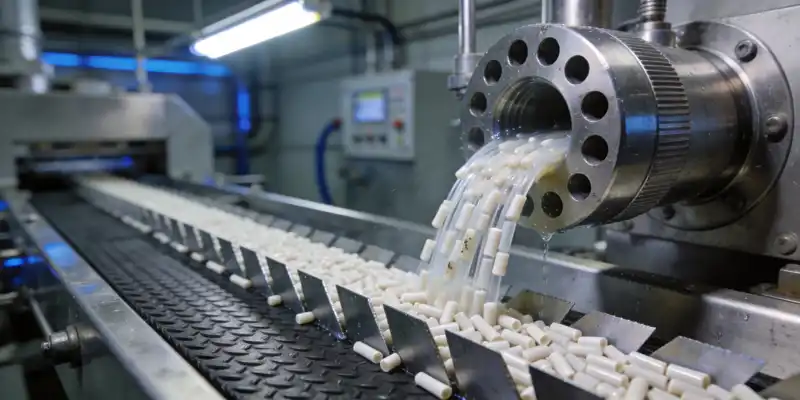 Close-up view of rigid plastic pellets being produced in a granulation system with quality control sensors visible