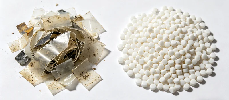 contaminated film waste vs. uniform recycled pellets