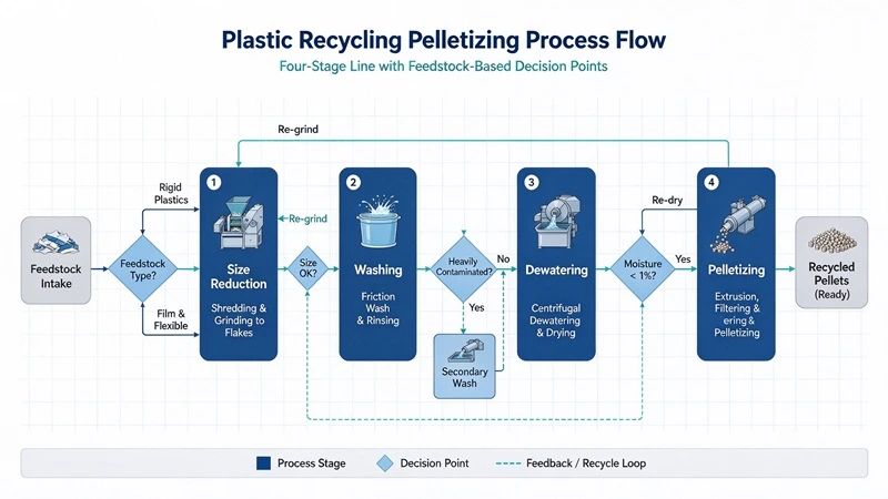 Process flow diagram showing four stages—size reduction, washing, dewatering, pelletizing—with decision points based on feedstock type